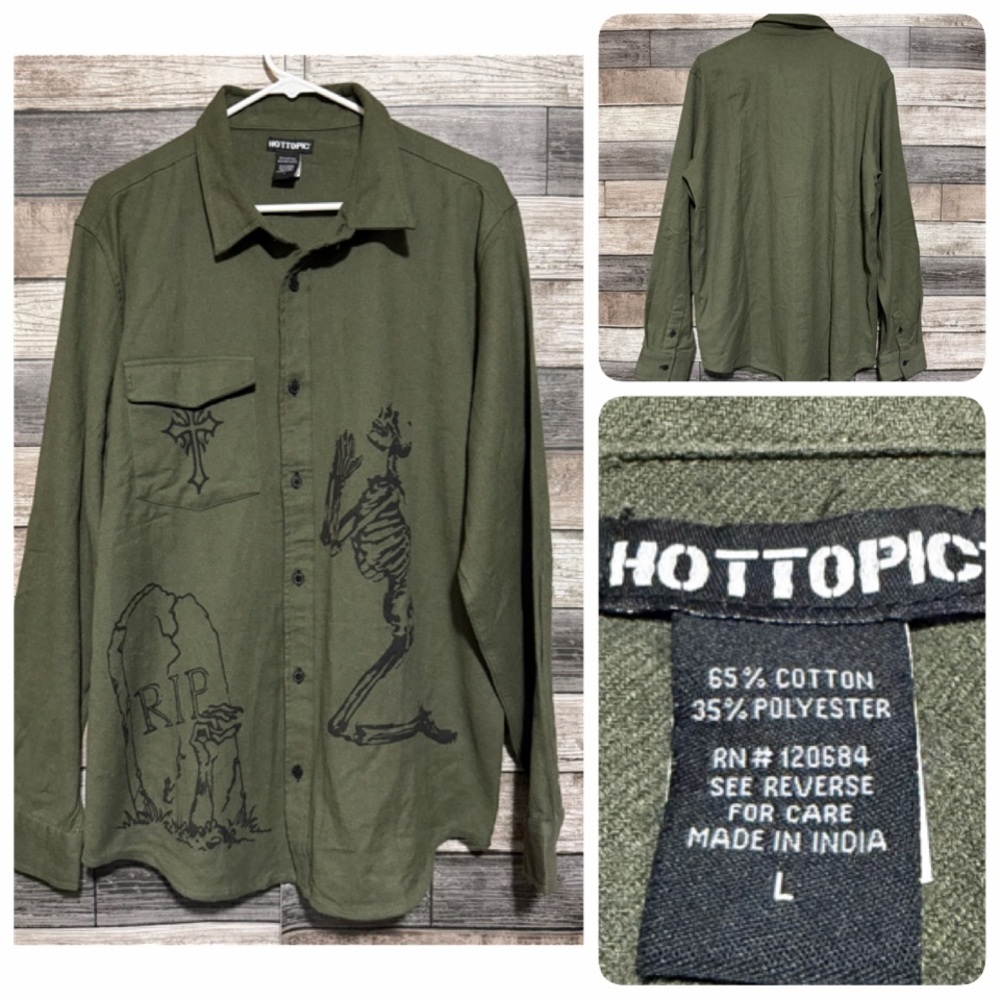 Hot Topic Flannel Shirt Men’s L Green Button Up Skeleton RIP Casual